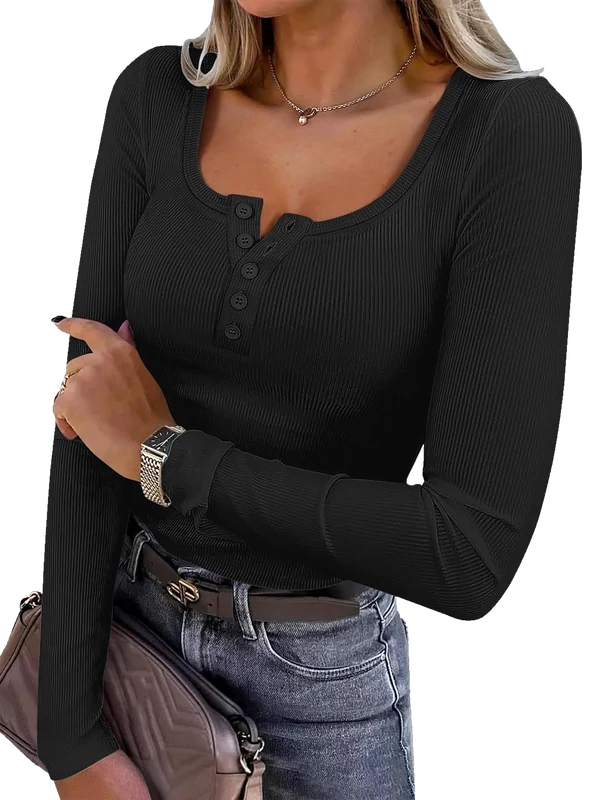 ANRABESS Ribbed Henley Long Sleeve Top