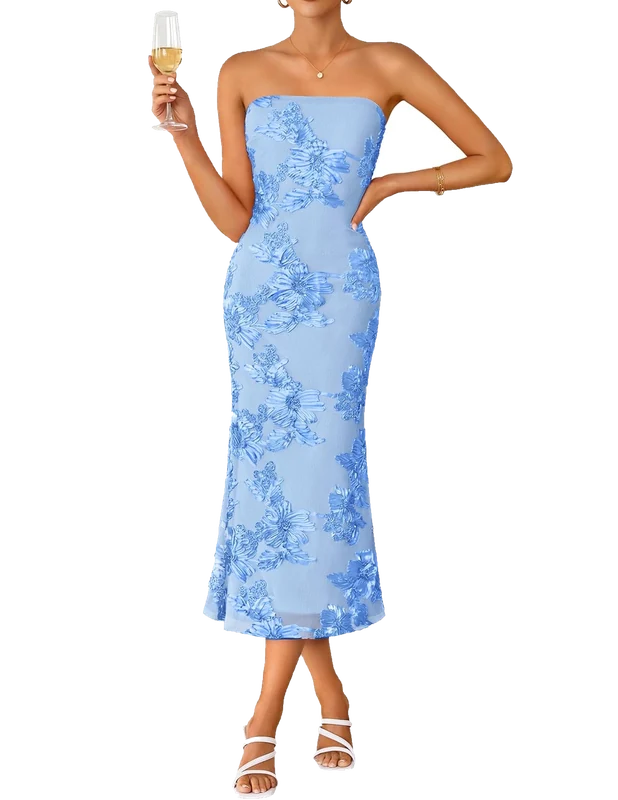 ZESICA Strapless Floral Bodycon Midi Dress